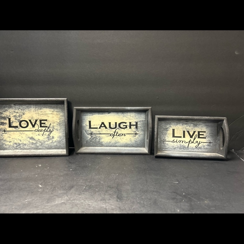 Love Laugh Live Decorative Wooden Tray Set - Black & Distressed Cream